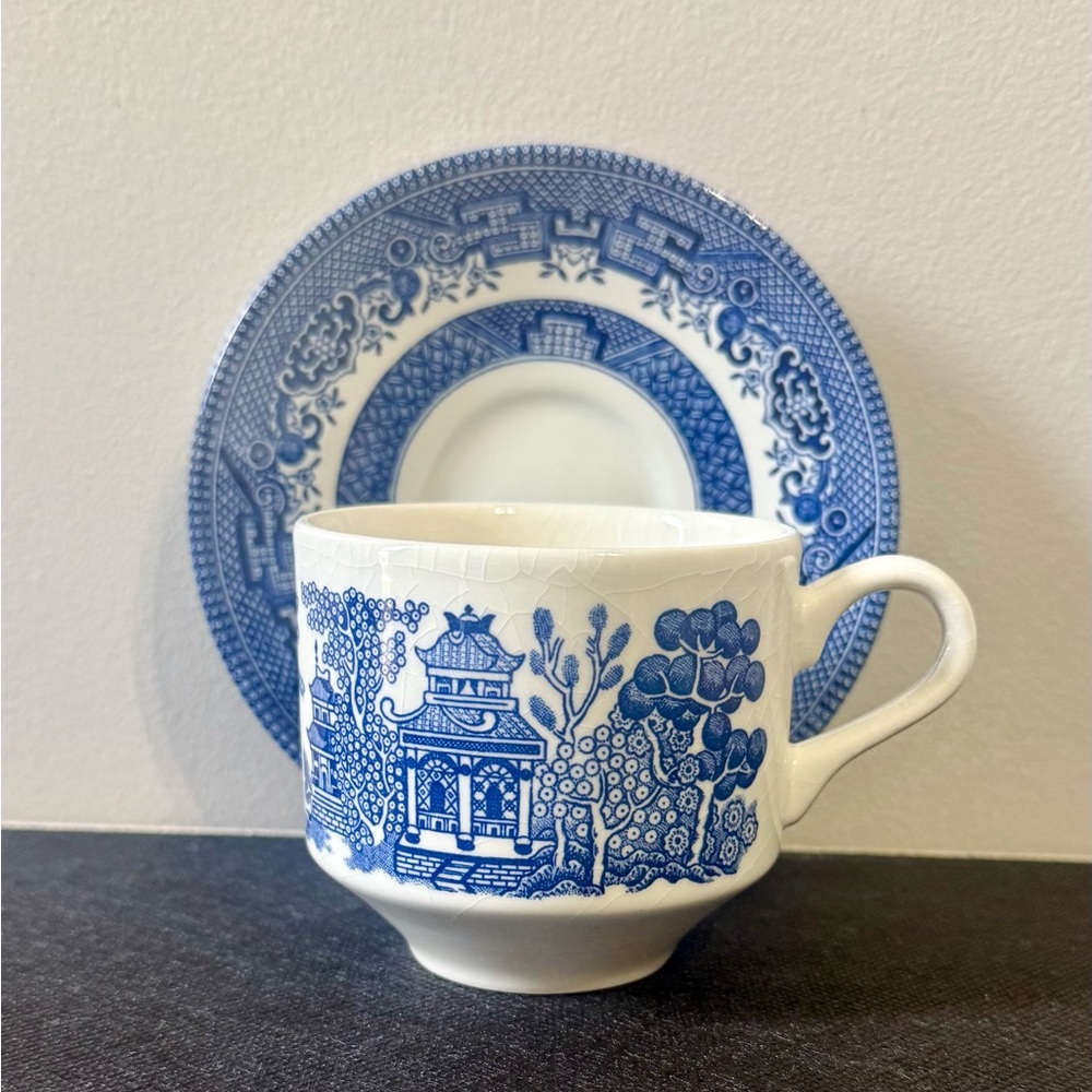 Churchill England Blue Willow Pattern Tea Cup and Saucer. Listing 1 set.